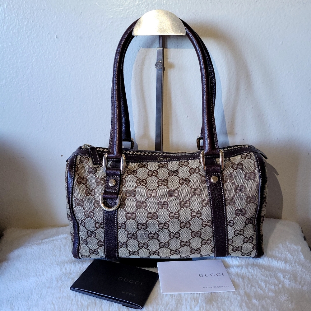 Gucci Beige Logo Canvas and Brown Leather Satchel - Picture 2 of 14